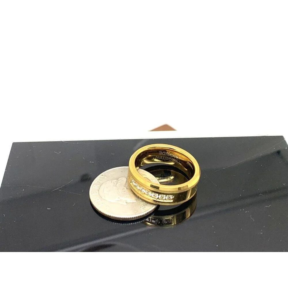 Men's Wedding Band Gold Tone Tungsten Cubic Zirconia 8mm Ring Size 10